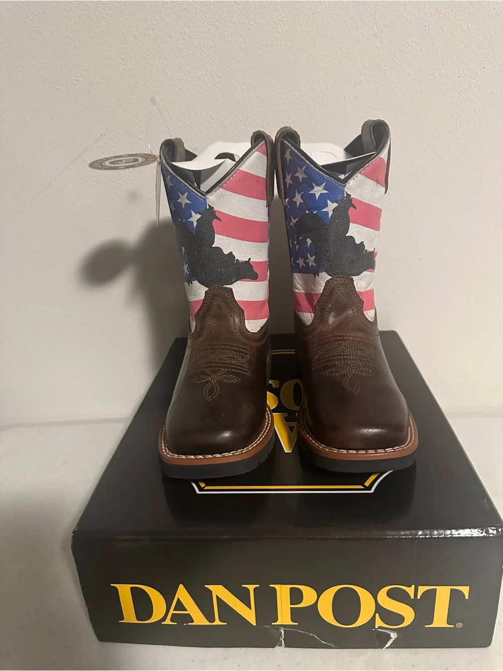 Dan Post Kids 10.5D Brown Leather American Flag Western Cowboy Boots New